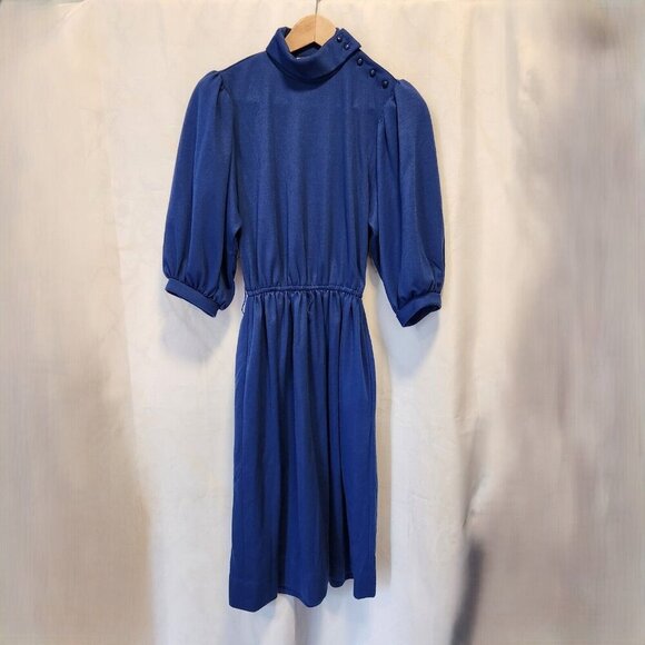VTG VIRGO II Dress‎ 80/90s SZ 6 Blue 3/4 Peasant Sleeve Roll Mock Collar Pockets - Picture 1 of 6